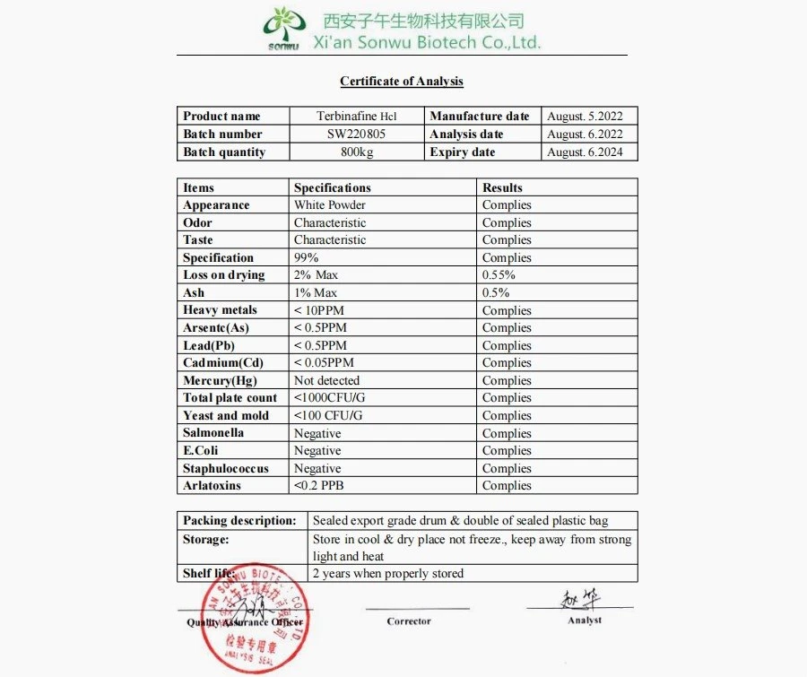 coa of Terbinafine hcl powder